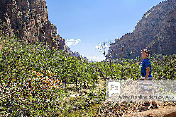 A Young Boy Hikes A Trail In Zion Canyon National Park