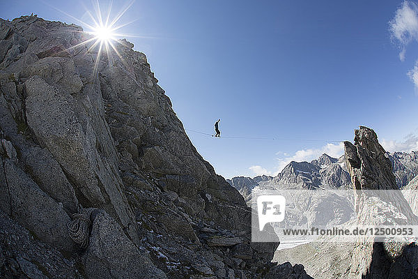 Alpine Highline Project in the Swiss Alps above the Monte Forno glacier.