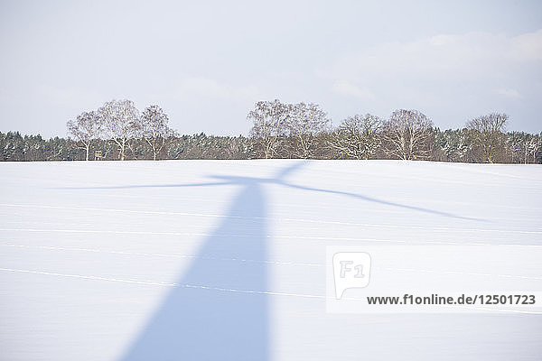 Der Schatten einer Windkraftanlage auf einem verschneiten Feld in der Nähe von Goscino  Polen.