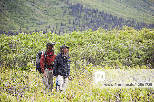 Liana and Parmenter Welty  wearing mosquito headnets  hike in Donoho Basin in Wrangell-St. Elias National Park  Alaska.
