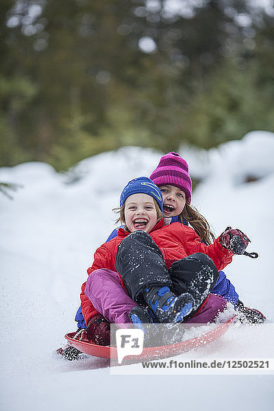 Portrait Of Two Smiling Kids Sledding Down On Snowy Landscape