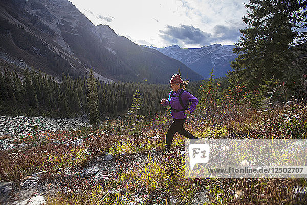 Eine Frau Trail Running in der Drinnon Pass Bereich der Valhalla Provincial Park  Kanada