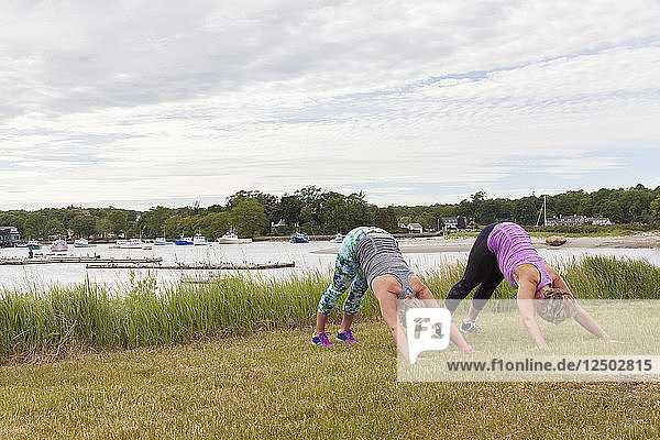 Two women in downward dog doing yoga outside on the grass near the water.