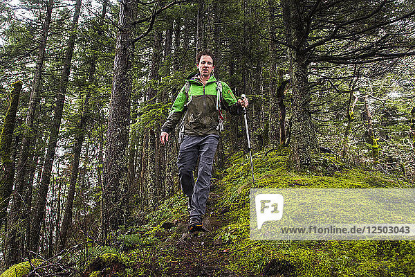 Ein Mann wandert allein im Wald auf einem moosbewachsenen Bergrücken