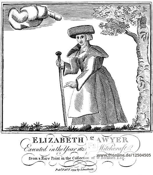 Elizabeth Sawyer  1621 in England als Hexe hingerichtet  1794. Künstler: Unbekannt