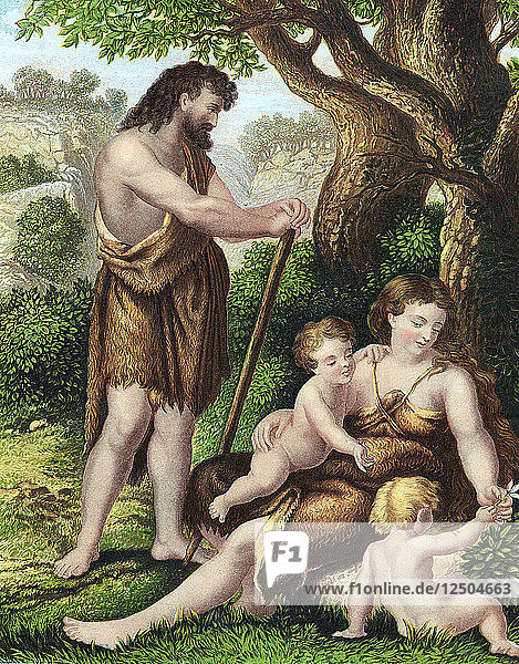 Adam und Eva mit ihren Söhnen Kain und Abel bei der Rast in der Wüste  um 1860. Künstler: Unbekannt