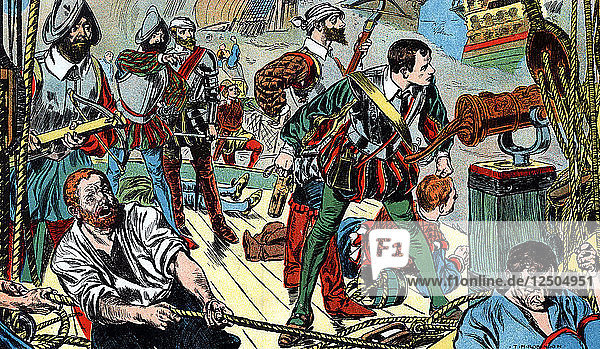 Die Revenge im Kampf gegen die spanische Flotte vor Flores  1591 (um 1900). Künstler: TM Robinson