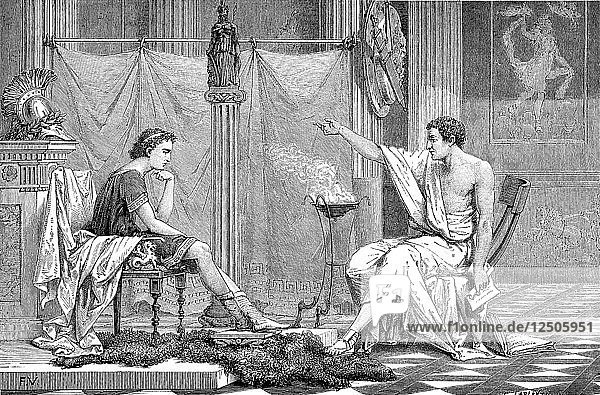 Alexander der Große (356-323 v. Chr.) als Jugendlicher  der seinem Lehrmeister Aristoteles zuhört  um 1875. Künstler: Unbekannt