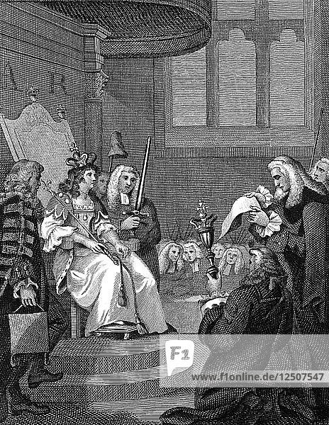 Der Act of Union zwischen England und Schottland wird vor Königin Anne verlesen  1826. Künstler: Unbekannt