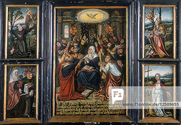 Triptych  with the central panel showing the Holy Spirit at Pentecost. Artist: Unknown