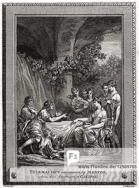 Telemachus  begleitet von Mentor  erzählt Calypso seine Abenteuer  1774. Künstler: J. Collyer