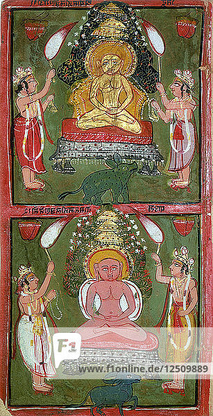 Two Jain Tirthankaras or jina (ford-makers) and their devotees  Bundi region  India  c1720. Artist: Unknown