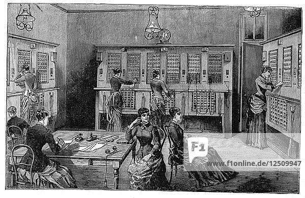 Zentrale Telefonzentrale  Paris  1883. Künstler: Unbekannt