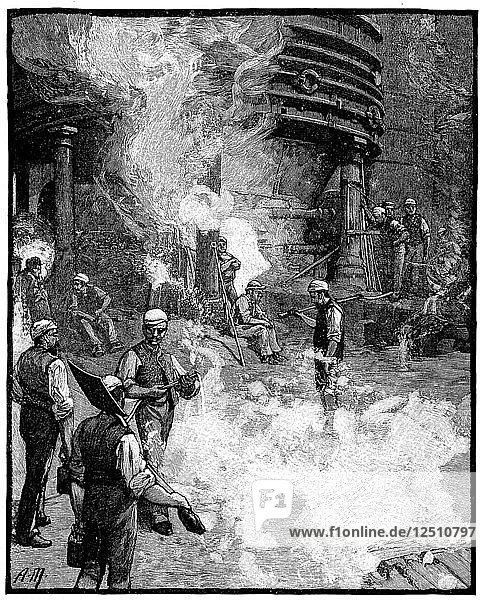 Tapping blast furnace and casting iron into pigs Siemens iron and steel works Wales 1885. Artist: Unknown