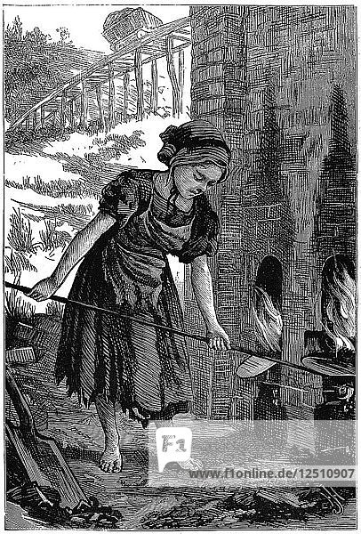 Junges Mädchen bei der Pflege der Feuerlöcher eines Ziegelofens  1871. Künstler: Unbekannt