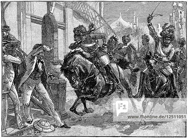 Berittene aufständische Sepoys stürmen durch die Straßen von Delhi  Indische Meuterei  Mai 1857 (um 1895). Künstler: Unbekannt