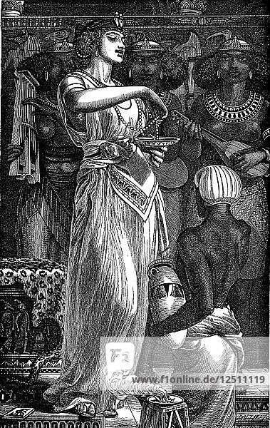 Kleopatra VII (69-30 v. Chr.)  Königin von Ägypten  die Perlen in Wein auflöst  1866. Künstler: Frederick Augustus Sandys