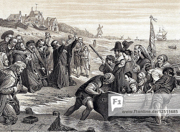 Die Pilgerväter verlassen Delft Haven auf ihrer Reise nach Amerika  Juli 1620 (1878). Künstler: Unbekannt