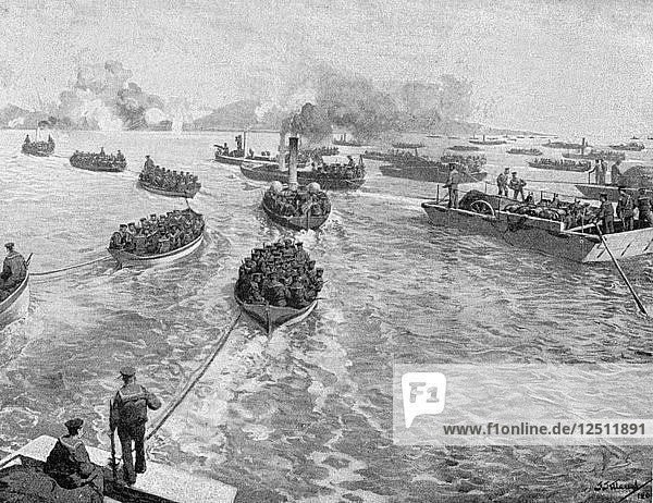 Japanische Marinebrigade bei der Landung unter Beschuss in Pitsewo  Russisch-Japanischer Krieg  1904-5. Künstler: Unbekannt