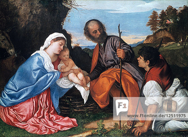 Die Heilige Familie mit einem Hirten  um 1510. Künstler: Tizian