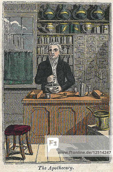 The apothecary using pestle and mortar to prepare drugs  1823. Artist: Unknown