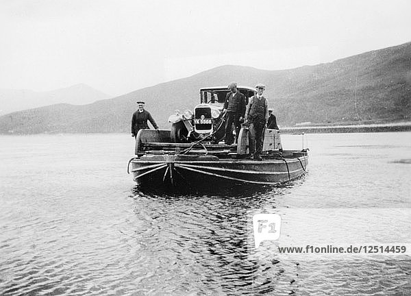 An early ferry transporting a car across a lake. Artist: Unknown