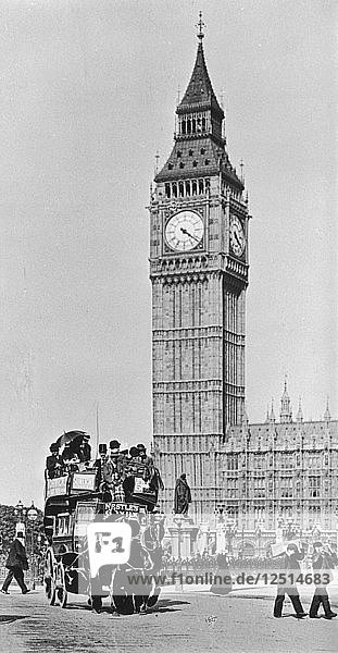 Horse bus in front of Big Ben  Westminster  London  late 19th-early 20th century. Artist: Unknown