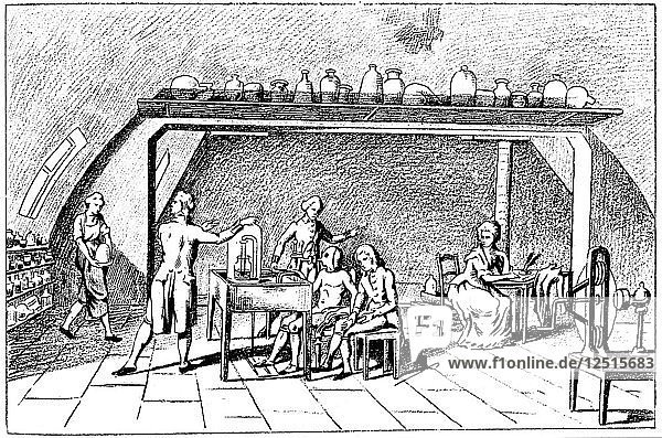 Antoine Laurent Lavoisier  französischer Chemiker des 18. Jahrhunderts  untersucht die Atmung. Künstler: Unbekannt