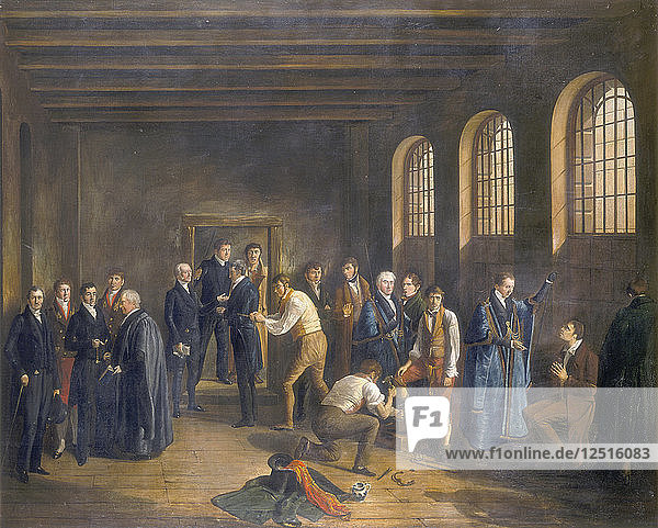 ...Newgate-Gefängnis am Morgen der Hinrichtung von Henry Fauntleroy  1828. Künstler: W. Thomson