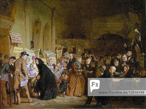 Die Wahl eines Waisenkindes in der Londoner Taverne. Stimmabgabe  1865. Künstler: George Elgar Hicks