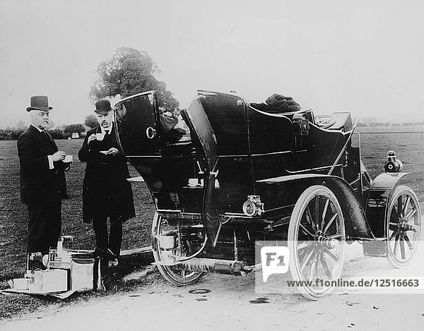 Men having tea beside a 1901 Panhard  (c1901?). Artist: Unknown
