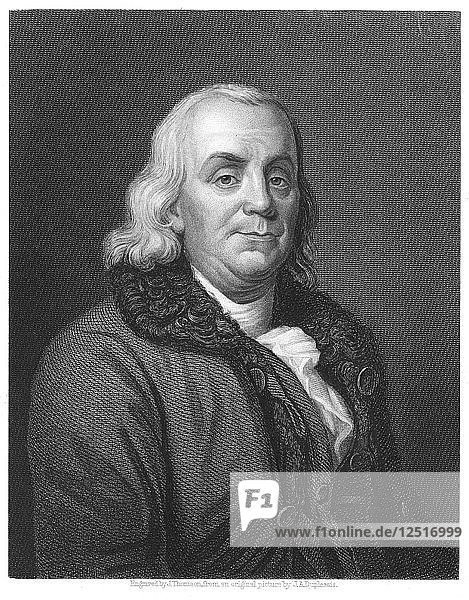 Benjamin Franklin  amerikanischer Wissenschaftler  Erfinder und Staatsmann des 18. Jahrhunderts  1835. Künstler: Unbekannt