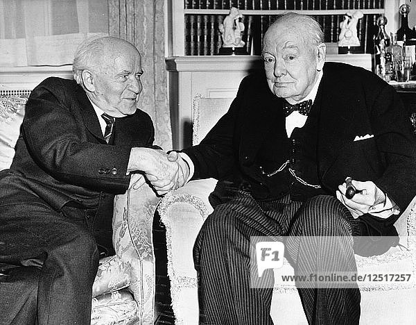 Winston Churchill  former British Prime Minister  withIsraeli Prime Minister David Ben Gurion. Artist: Unknown
