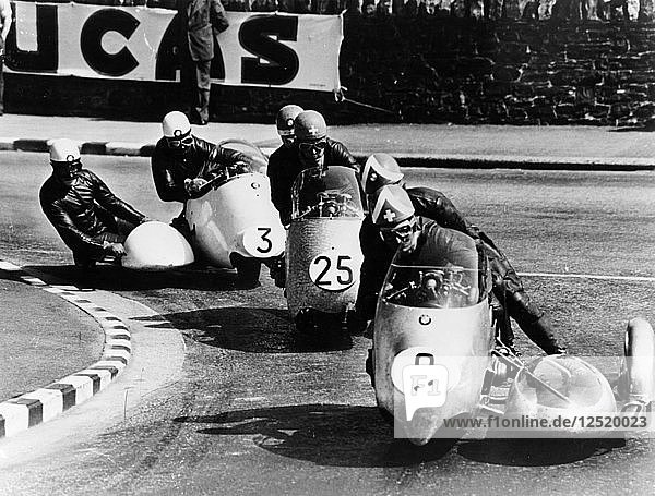 Fritz Scheidegger  Walter Schneider and Helmut Fath competing in a sidecar race  1959. Artist: Unknown