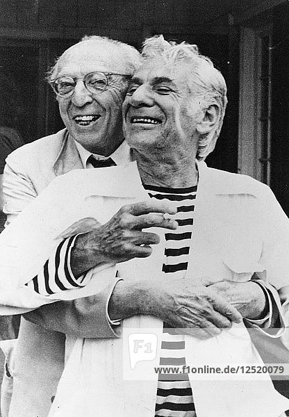 Leonard Bernstein (1918-1990) and Aaron Copland (1900-1990)  American composers  1987. Artist: Unknown