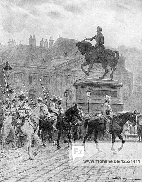 Bengal Mounted Lancers passing the statue of Joan of Arc  France  1914  (1926).Artist: J Simont