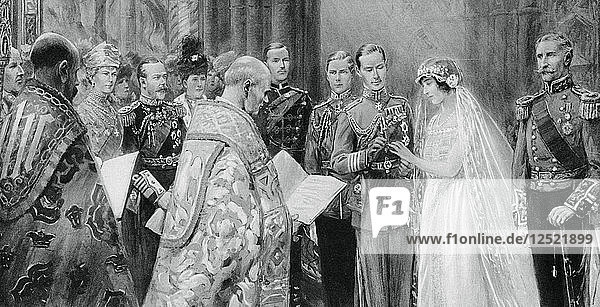 Der Duke of York steckt Lady Elizabeth Bowes-Lyons den Ring an den Finger  26. April 1923  (1937). Künstler: Unbekannt