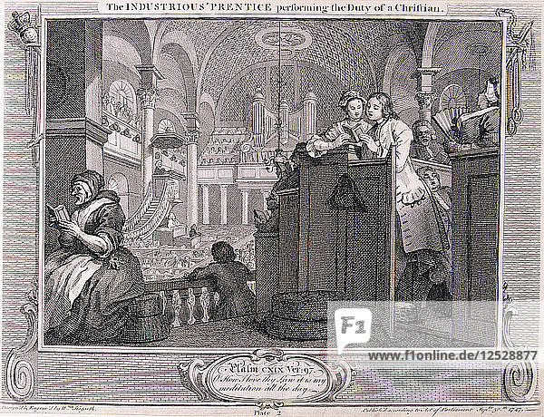 The industrious prentice performing the duty of a christian  from Industry and Idleness 1747. Artist: William Hogarth