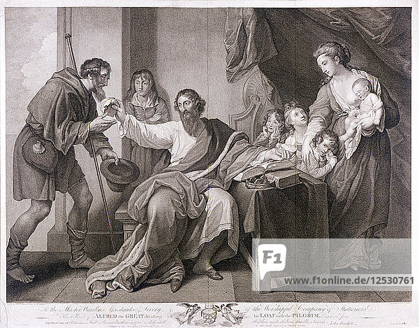 Alfred der Große teilt sein Brot mit dem Pilger  1782. Künstler: William Sharpe