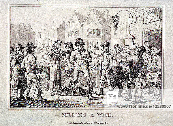 Eine Frau wird auf dem Smithfield Market  London  1816  verkauft. Künstler: Anon