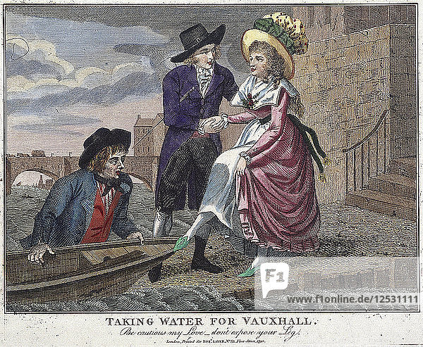 Wasser holen für Vauxhall  Vorsicht meine Liebe  entblöße dein Bein nicht  London  1790. Künstler: Anon