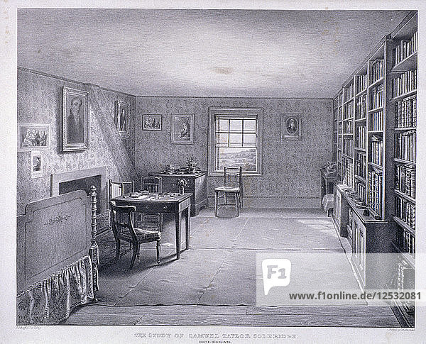 Samuel Taylor Coleridges Arbeitszimmer in Highgate  Haringey  London  um 1835. Künstler: George Scharf
