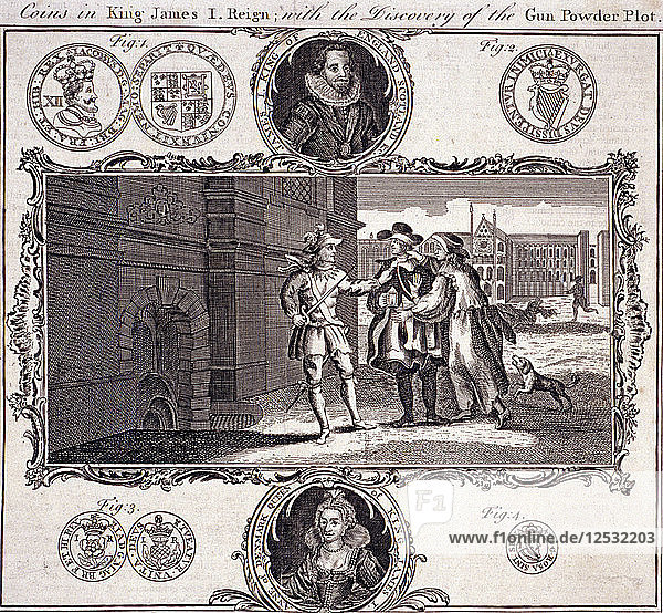 Szene der Entdeckung der Schießpulververschwörung  1605  (um 1780). Künstler: Anon