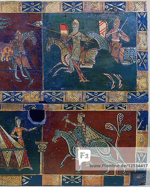 Knights on horseback and king with a falcon  12th century. Artist: Unknown