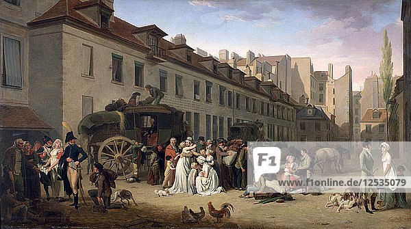 The Arrival of a Stagecoach at the Terminus  rue Notre-Dame-des-Victoires  Paris  1803  1803-1845. Artist: Louis Leopold Boilly