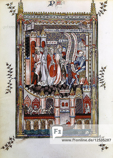 St Denis in chains before Sisinnius  1317. Artist: Unknown