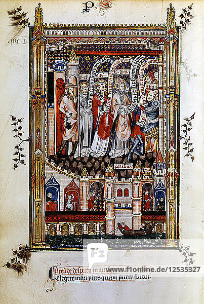 St Denis taken to Sisinnius  1317. Artist: Unknown