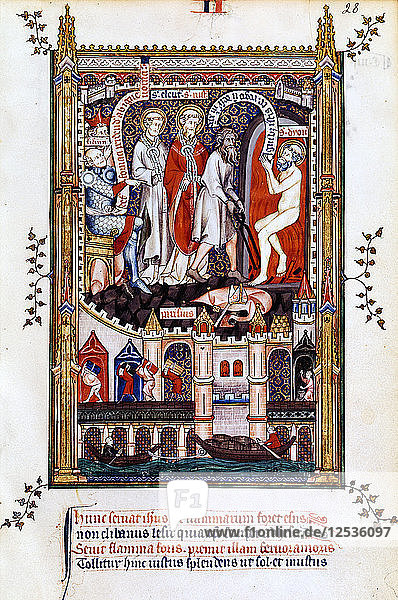 St Denis is thrown into the furnace  1317. Artist: Unknown