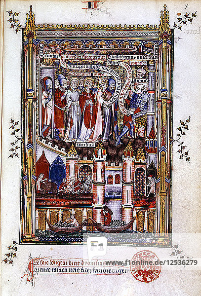 St Denis before Sisinnius  1317. Artist: Unknown