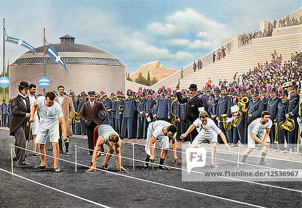 100-Meter-Sprint bei den Olympischen Spielen  Athen  1896  (1936). Künstler: Unbekannt